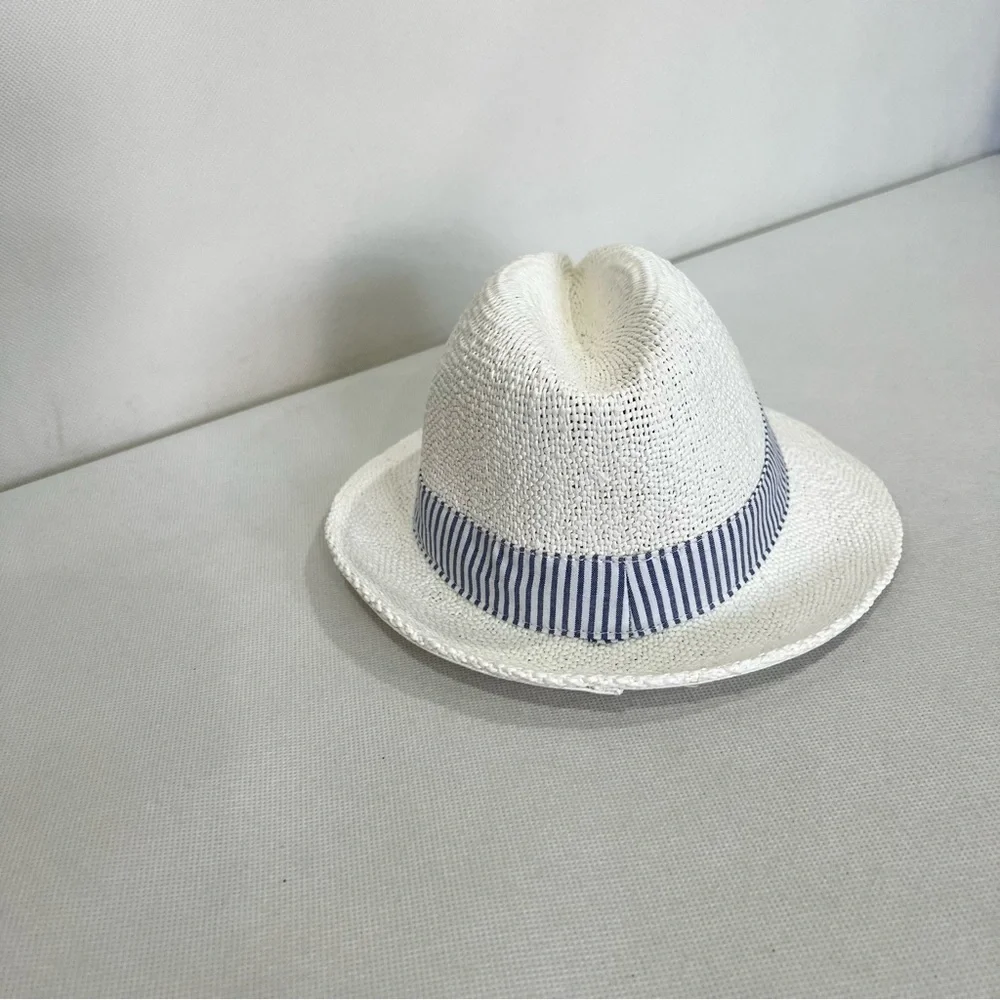 Janie And Jack Fedora Straw Hat Blue Striped Around Detail Kids Size 6-12 Months